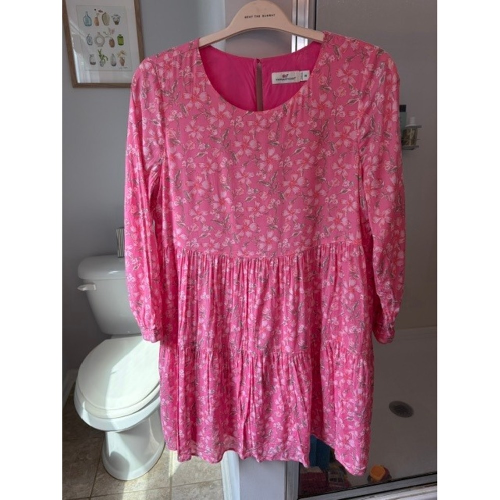 Vineyard Vines Pink Floral Tiered Dress Size M Long Sleeve Lined Cotton Rayon